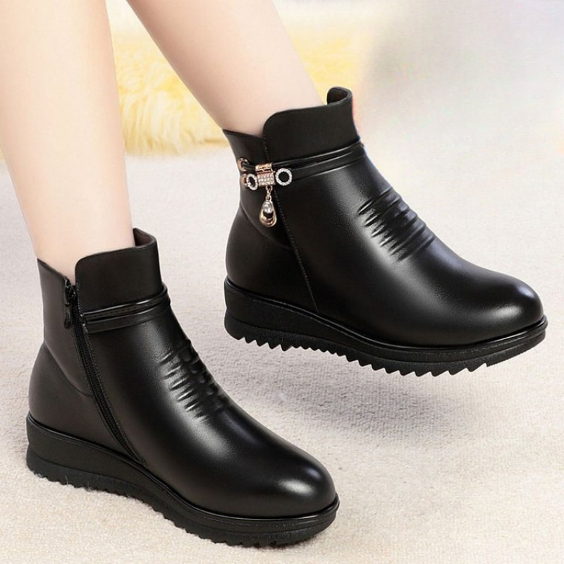 Leather Work Women Shoes - Botas quentes femininas de salto grosso
