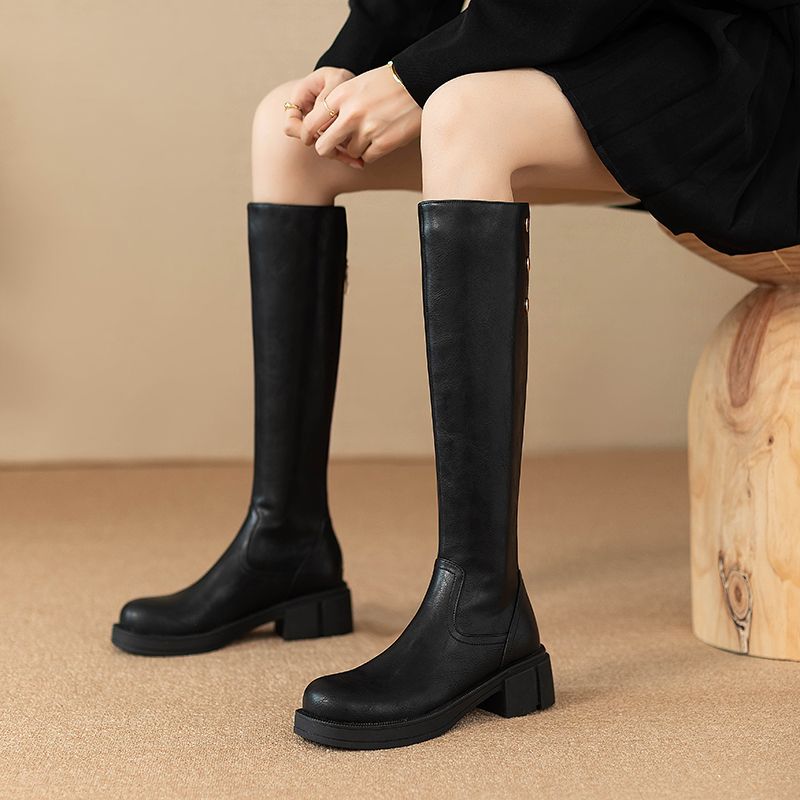 Leather Work Women Shoes - Outono inverno salto médio senhoras joelho